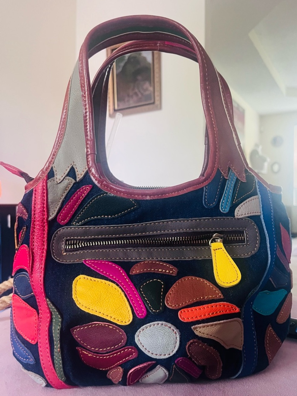 Leather denim satchel